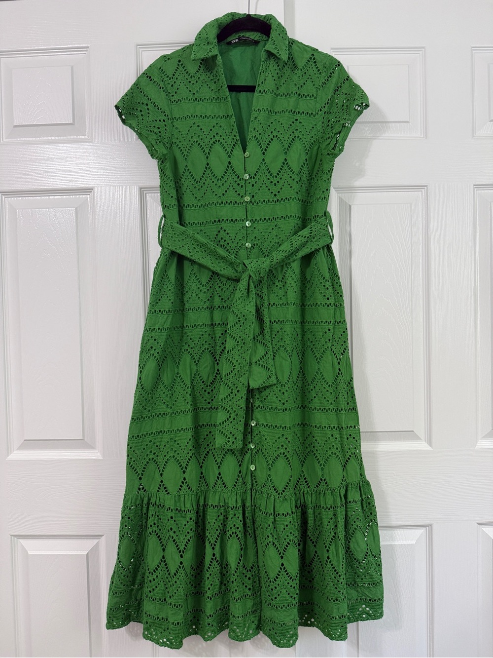 Zara Green Cutwork Embroidery Eyelet Shirt Dress Belted Midi M